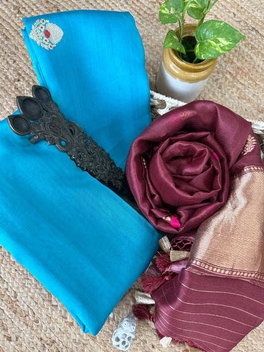 Peacock Blue kora silk certified handloom banarsi kadwa booti meenakari three piece suit