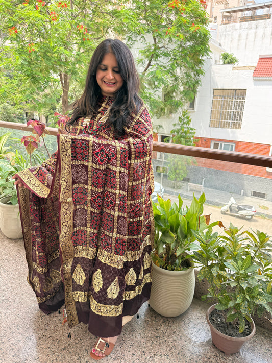IVORY BROWN SOLID MODAL SILK SUIT WITH AJRAKH  GHARCHOLA HANDCRAFTED MODAL SILK DUPATTA