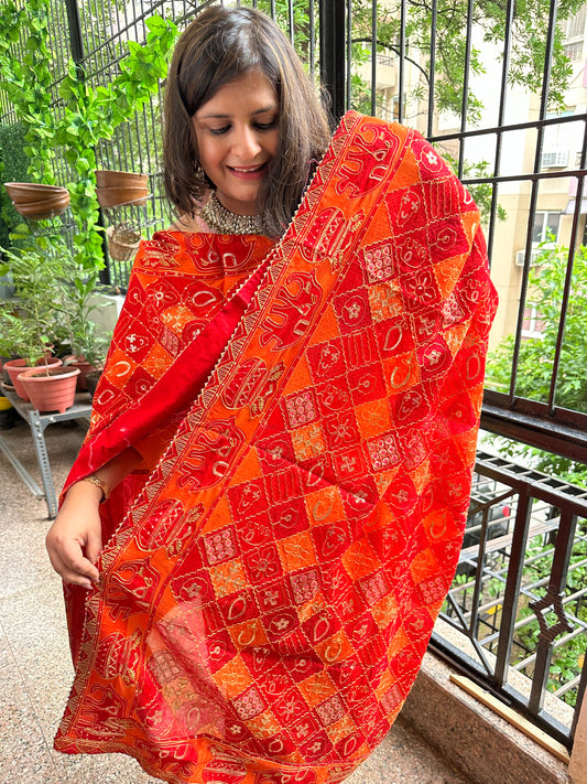 RED GEORGETTE SEQUENCE VINTAGE DUPATTA