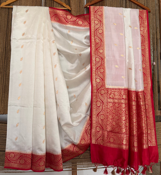 White & Red Mango silk certified  handloom banarsi sari with woven zari