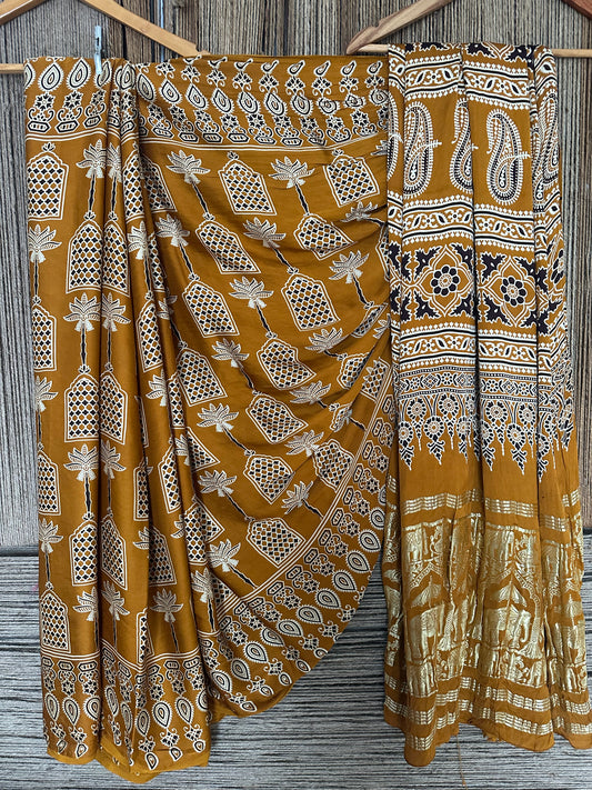 MUSTARD AJRAKH PRINT  MODAL SILK SARI WITH ZARI BORDER