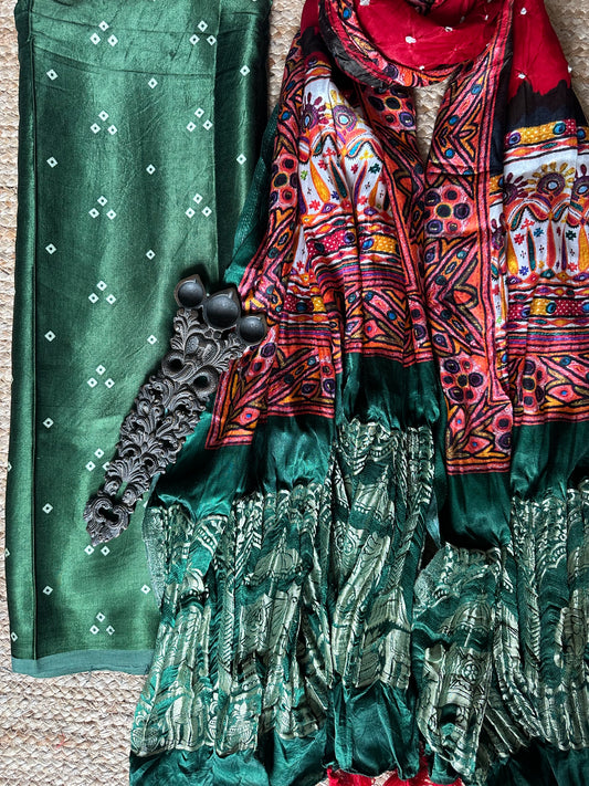 GREEN MASHRU KURTA WITH BANDHANI PICHWAI HANDCRAFTED  MODAL SILK DUPATTAS