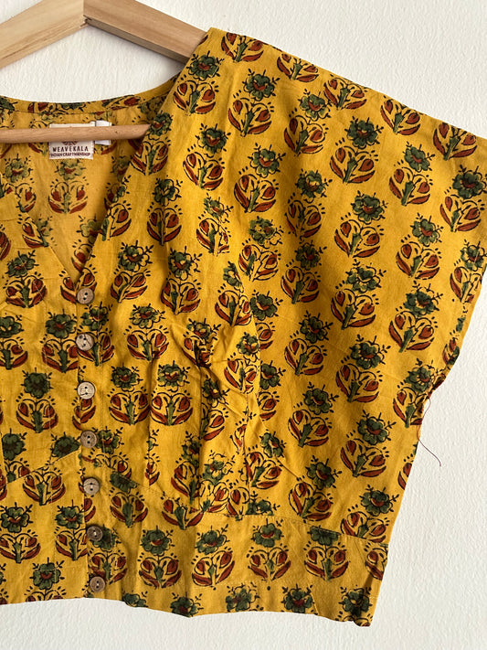 MUSTARD AJRAKH COTTON BLOUSE  BLOUSE WITH WOODEN BUTTON
