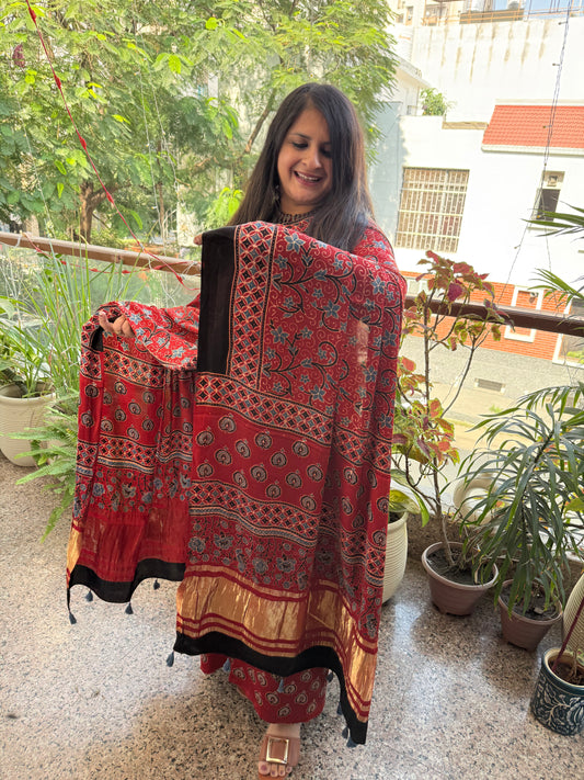 MAROON AJRAKH MODAL SILK HANDBLOCK KURTA SET