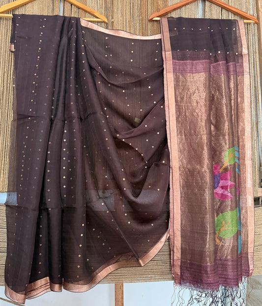 Chocolate Brown Jamdani sequence work handwoven pure muslin silk sari With Matka Silk Blouse Piece