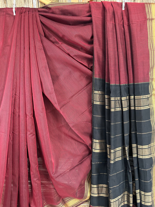 Beautiful Pure Maheshwari Silk Maroon Black saree