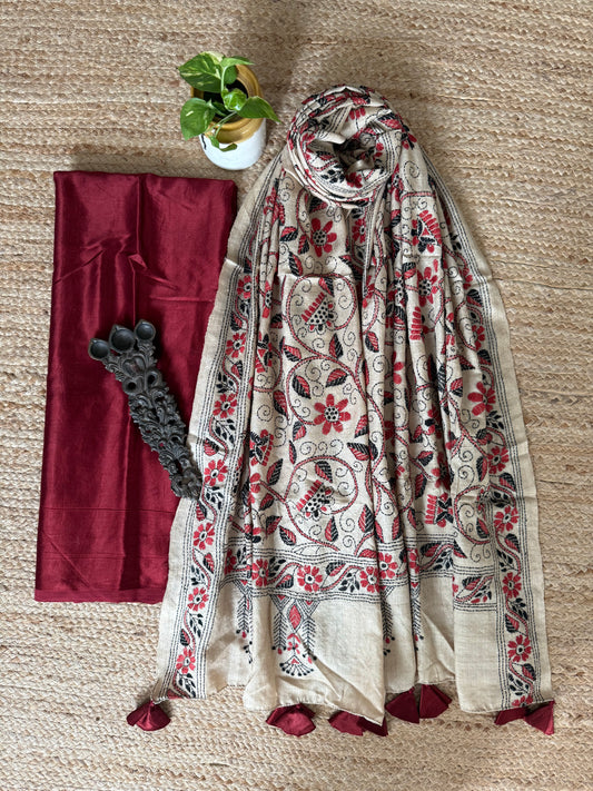 Maroon Solid mashru silk kurta with Natural Beige kantha work hand embroidery  Pure Tussar Silk dupatta