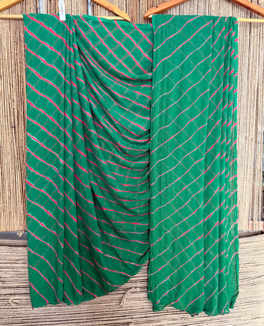 FOREST GREEN MULTI LEHERIYA HANDCRAFTED  CHIFFON SARI CL -203