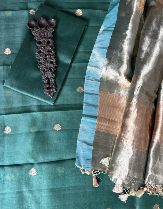 Moss green Kora silk certified handloom Banarsi kadwa Booti three piece suit   CBS-55