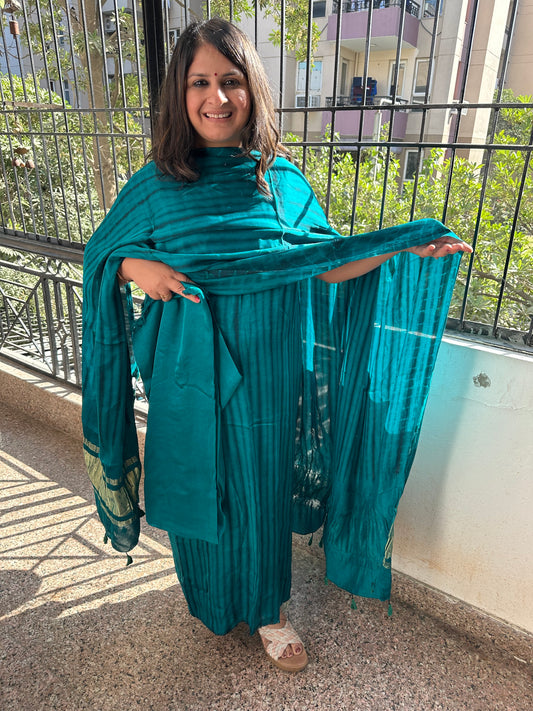 Dark Cyan Green Modal  Silk Shibori  Kurta with Shibori  handcrafted Modal Silk Dupatta SMS 103
