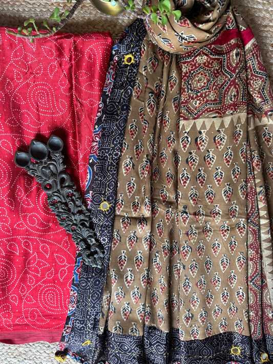 RED MASHRU SILK KURTA WITH AJRAKH PATCHWORK  HANDCRAFTED  MODAL SILK DUPATTA PWK-20