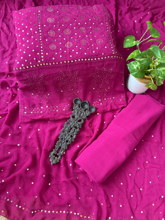 Barbie Pink premium mukesh work Georgette lucknowi chickenkari hand embroidery three piece suit