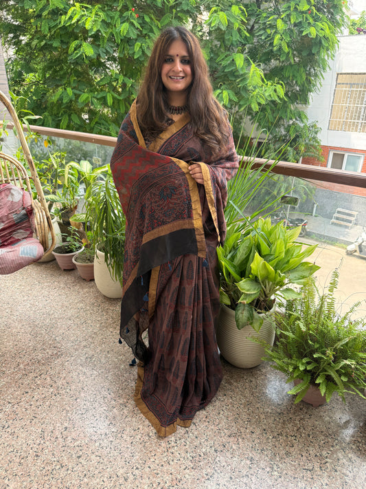 ESPRESSO BROWN NATURAL DYE HANDCRAFTED HANDBLOCK AJRAKH LINEN SILK SARI