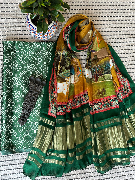 GREEN MASHRU SILK KURTA WITH PATOLA PRINT MODAL SILK DUPATTAS