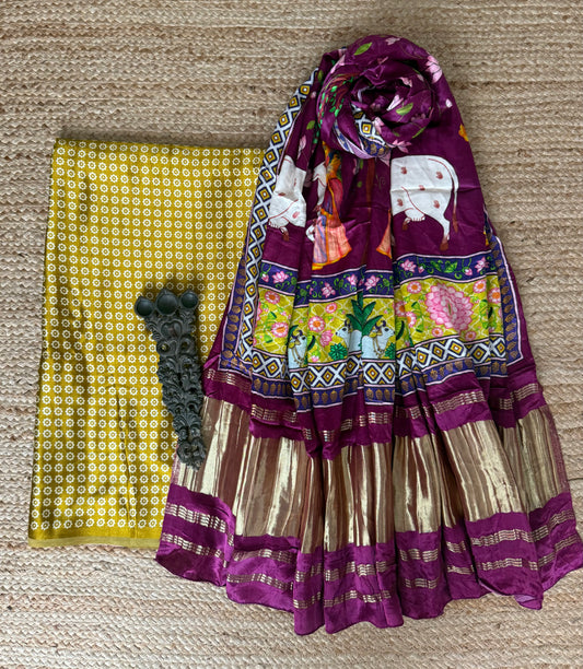 Magenta & purple patola mashru silk kurta with  patola pichwai handcrafted modalsilk dupatta