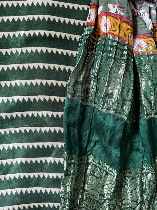 BOTTLE GREEN SILK KURTA WITH BANDHANI PICHWAI HANDCRAFTED  MODAL SILK DUPATTAS