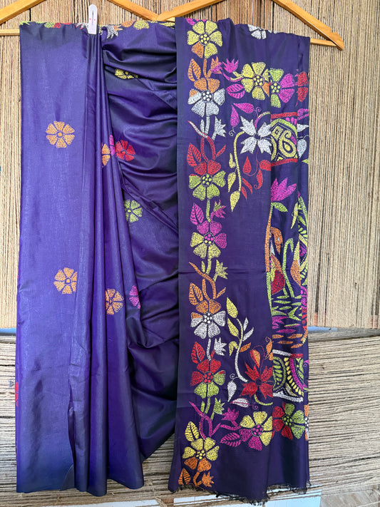 BEAUTIFUL COLOURFUL HAND KANTHA WORK ON BANGALORE BLENDED SILK DENIM BLUE COLOUR SARI WITH BLOUSE