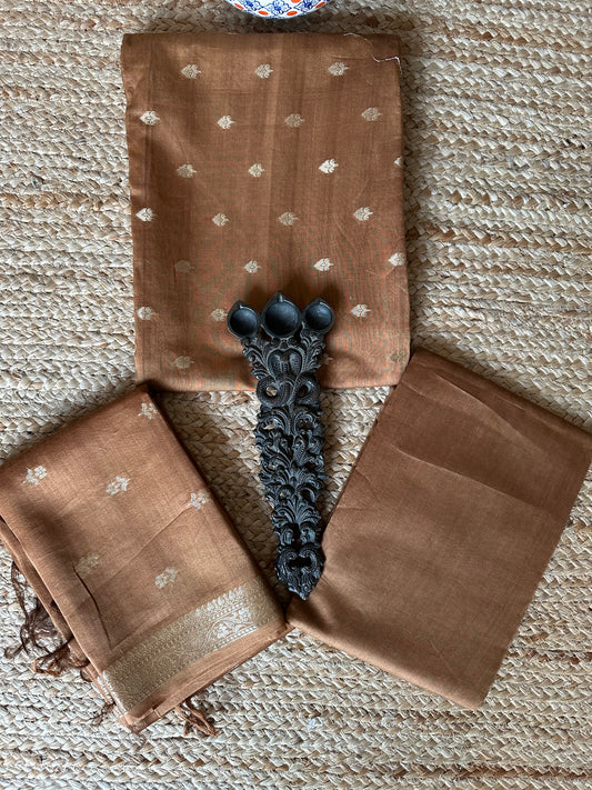 Brown Chanderi handloom Banarsi Booti three piece suit