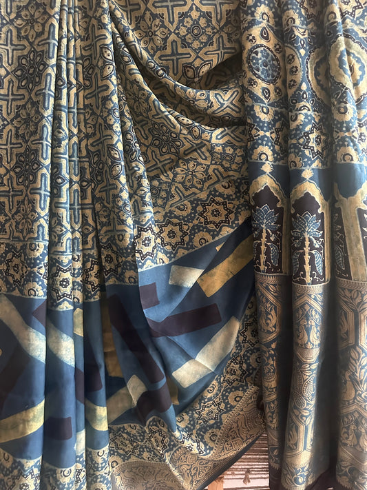 INDIGO GREEN DOLA  SILK AJRAKH ZARI BORDER SARI