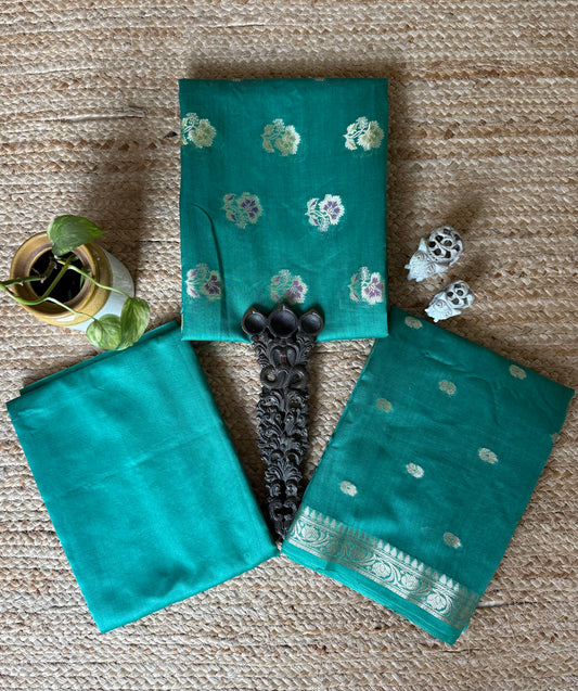 Persian green chanderi handloom banarsi booti three piece suit
