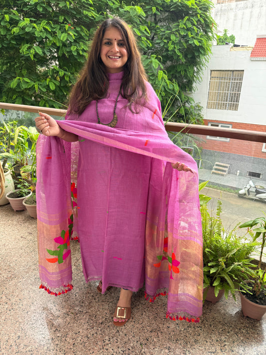 LILAC PURPLE TISSUE LINEN JAMDANI HANDWOVEN KURTA SET
