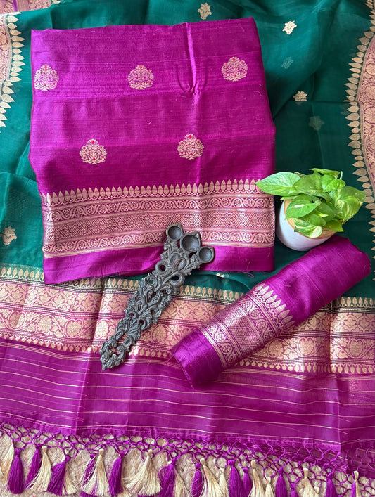 Palatinate Purple raw silk certified handloom banarsi kadwa butti with woven zari three piece suit