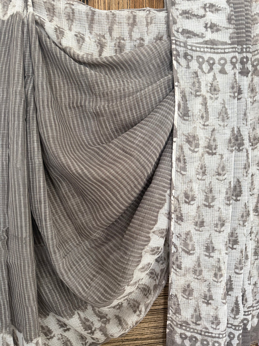 WHITE & GREY KOTA DORIA HANDBLOCK SARI