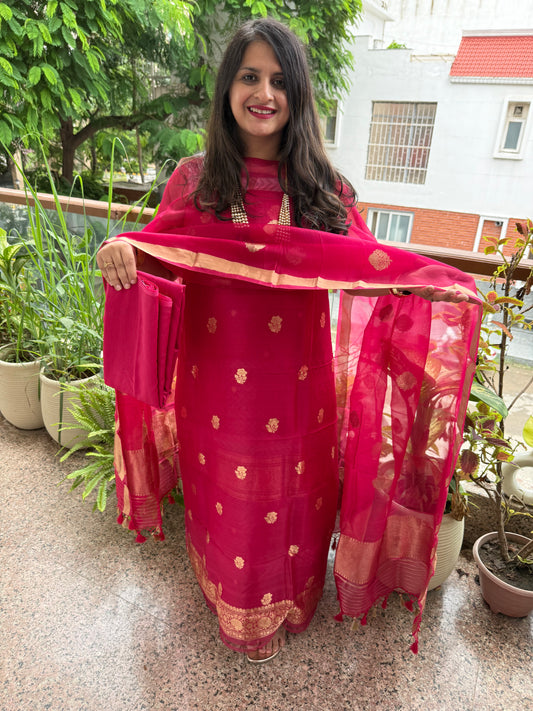 Cherry pink Kora silk certified handloom Banarsi kadwa Booti Meenakari three piece suit