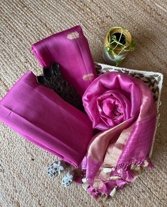 Pastel Fuchsia Pink Kora Silk Certified Handloom Banarsi Kadwa Booti Three Piece Suit   CBS-58