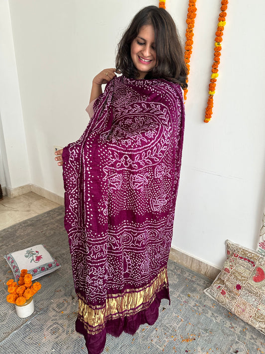 PURPLE CHANDMUKHI RAI BANDHANI GAJJI SILK HANDWOVEN  DUPATTA