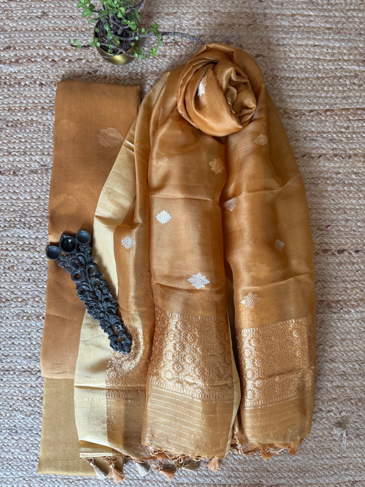 Copper brown Kora silk certified handloom Banarsi kadwa Booti three piece suit
