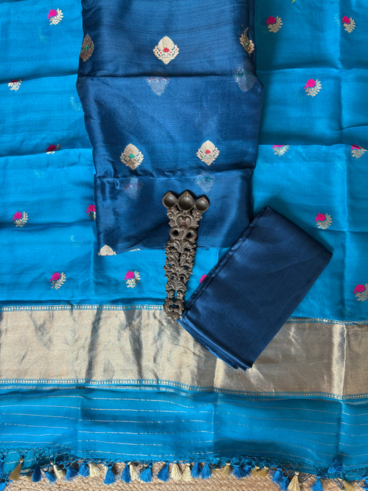 Peacock Blue kora silk certified handloom banarsi kadwa booti meenakari three piece suit