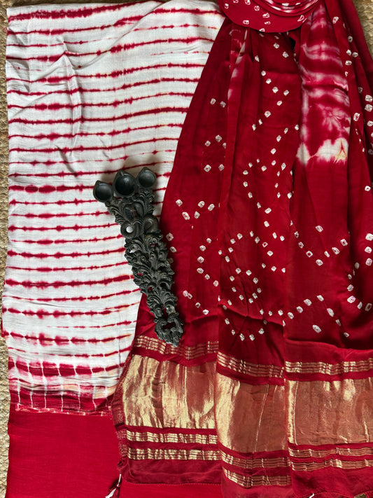 White & Red Modal Silk Shibori Kurta with Bandhani Shibori  handcrafted Modal Silk Dupatta sbs-10