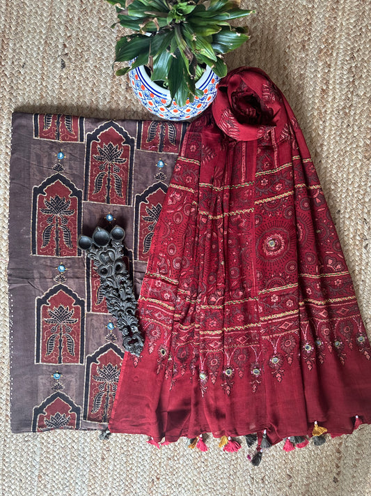 CHIKOO BROWN AJRAKH HANDBLOCK AND HAND EMBROIDERY KURTA WITH  AJRAKH HAND EMBROIDERY DUPATTA
