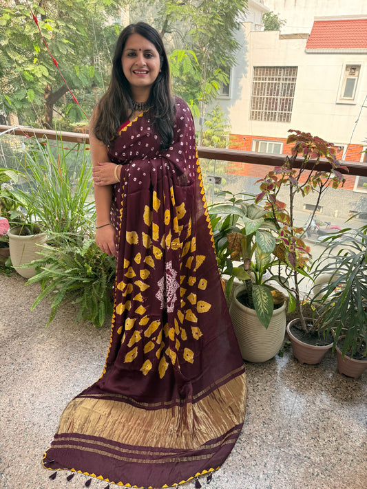 WINE MAROON MODAL SILK HANDKNOTTED   BANDHANI SHIBORI SARI bss-2