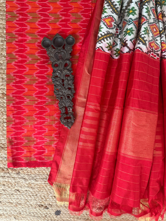 RED ORANGE RAW SILK IKKAT HANWOVEN KURTA WITH IKKAT PATOLA PURE  SILK HANDWOVEN DUPATTA