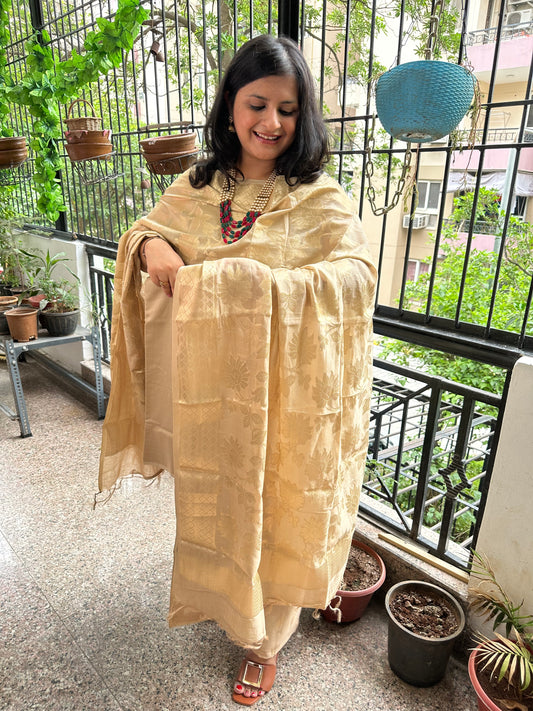 Beige Chanderi handloom Banarsi Booti three piece suit