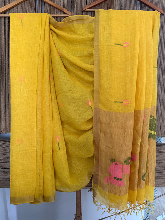 BUTTER YELLOW HANDWOVEN JAYSHREE LINEN JAMDANI SARI