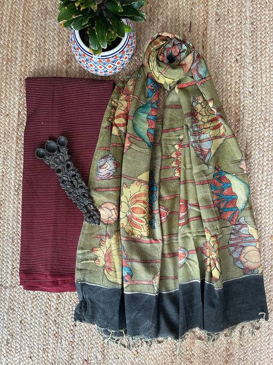MAROON AJRAKH HANDBLOCK COTTON KURTA WITH KALAMKARI DUPATTA