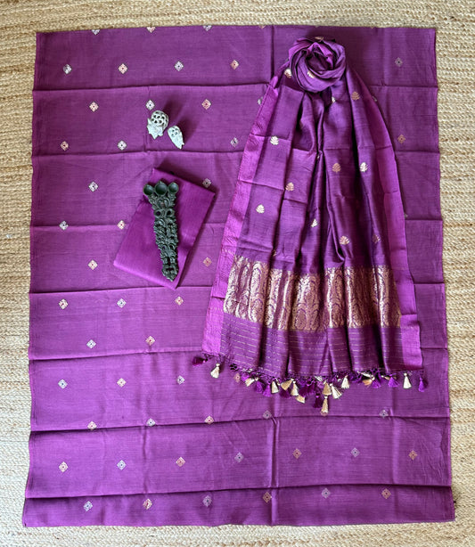 Purple Munga certified handloom Banarsi kadwa Booti three piece suit   CBS-35