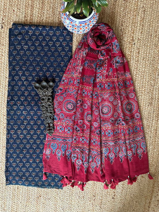 BLUE AJRAKH HANDBLOCK AND HAND EMBROIDERY KURTA WITH  AJRAKH HAND EMBROIDERY DUPATTA
