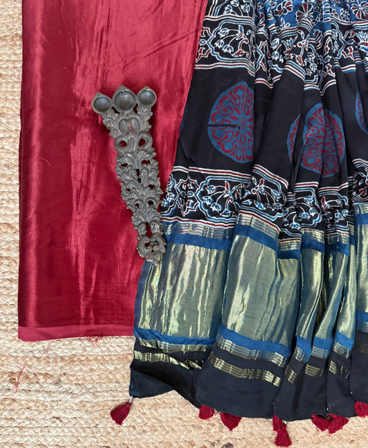 Maroon Mashru Silk Kurta With Blue Ajrakh Handcrafted Modal Silk Dupatta