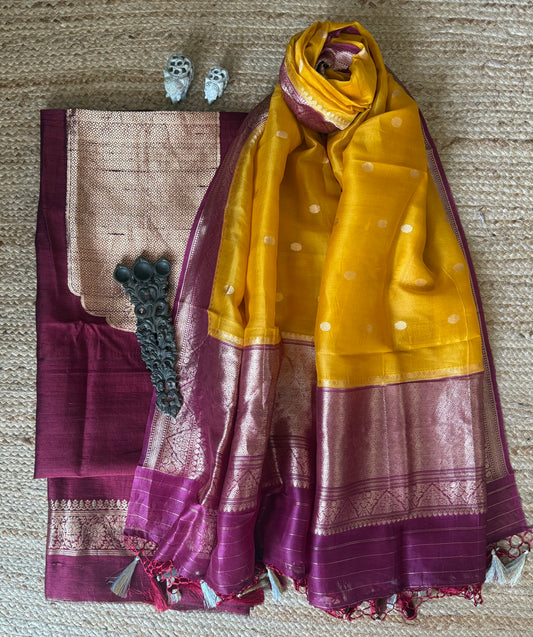 BURGUNDY MAROON RAW SILK CERTIFIED HANDLOOM BANARSI SUIT WITH WOVEN ZARI THREE PIECE SUIT