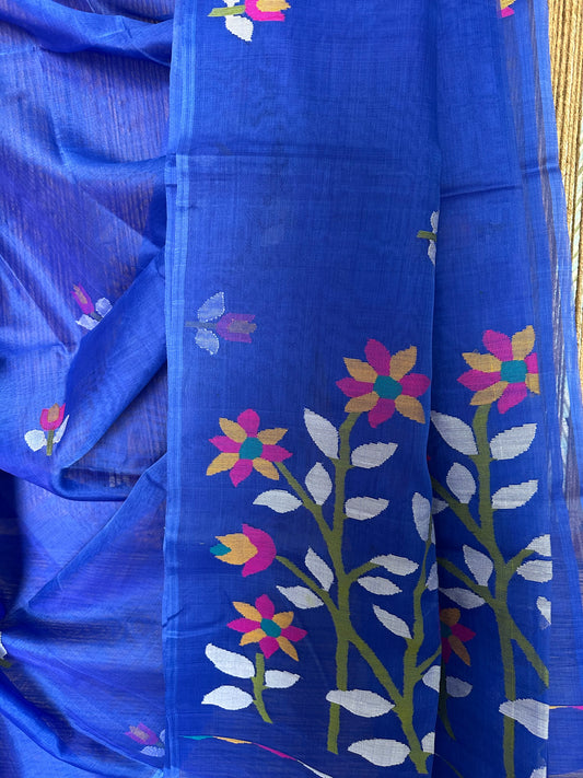 ROYAL BLUE JAMDANI HANDWOVEN PURE MUSLIN SILK SARI MJS 40