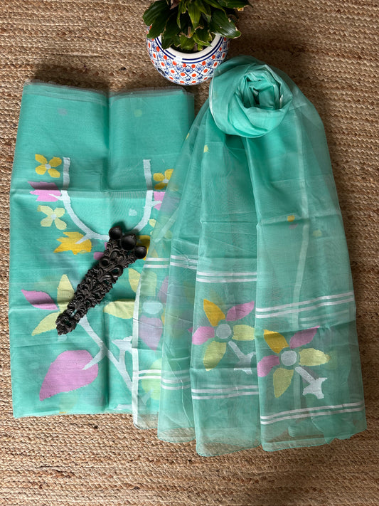 TURQUOISE BLUE HANDWOVEN JAMDANI PURE MUSLIN SILK KURTA SET MJK-69