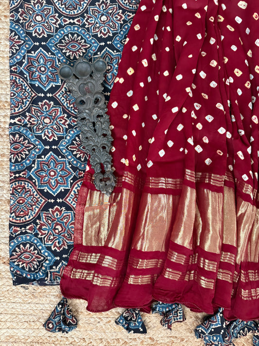 Black & maroon ajrakh mashru silk kurta with bandhani handcrafted modal silk dupatta