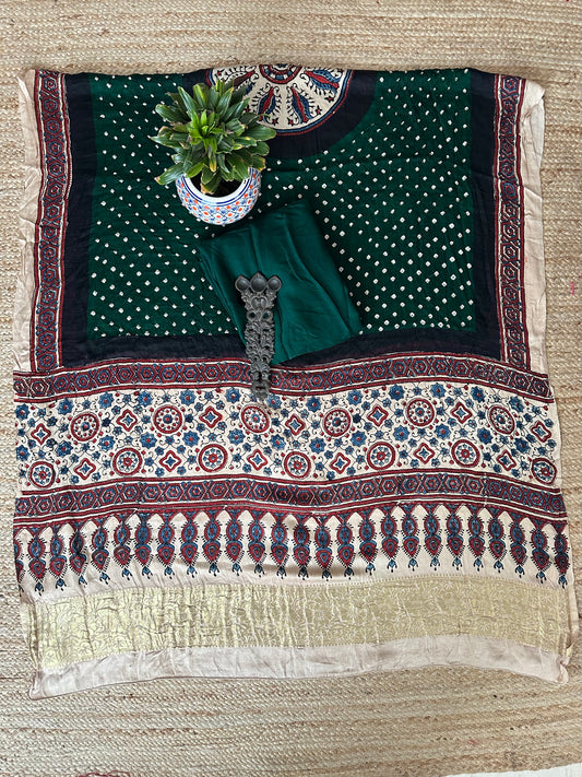 GREEN MODAL SILK KURTA WITH BANDHANI AJRAKH HANDCRAFTED MODAL SILK DUPATTA PS- 10197