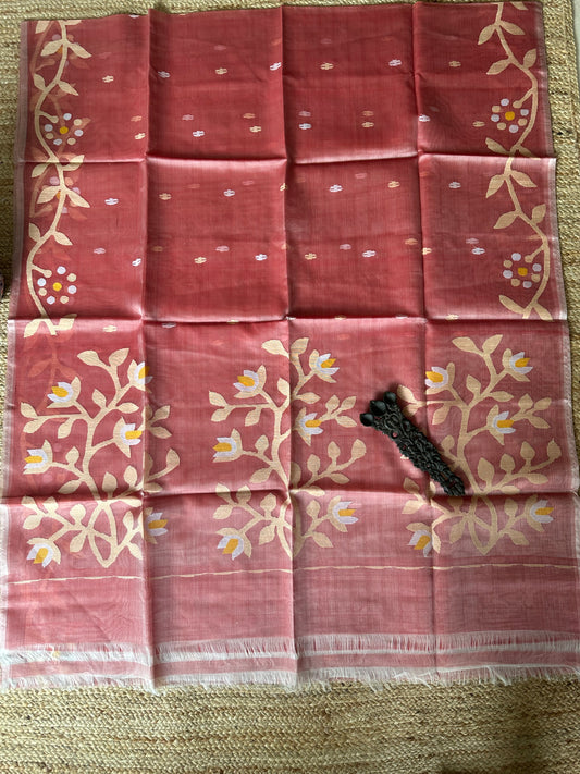 PEACH HANDWOVEN PURE MUSLIN SILK SARI