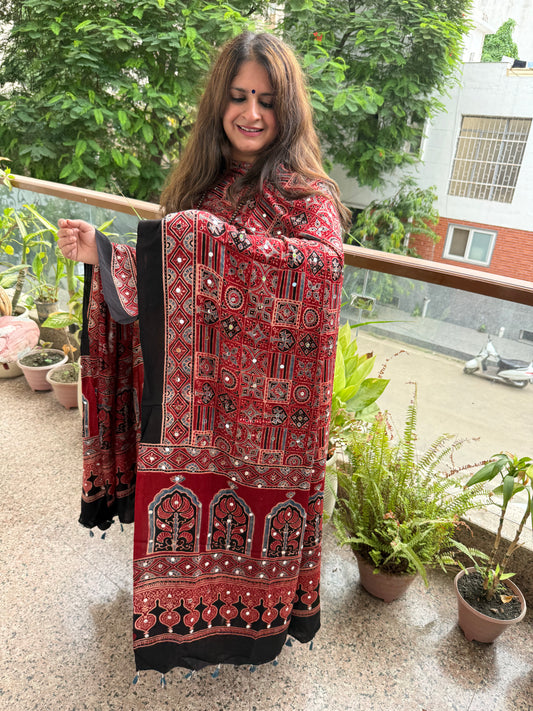 Black Modal Silk Kurta With Maroon Ajrakh Handcrafted Mirror Work Modal Silk Dupatta