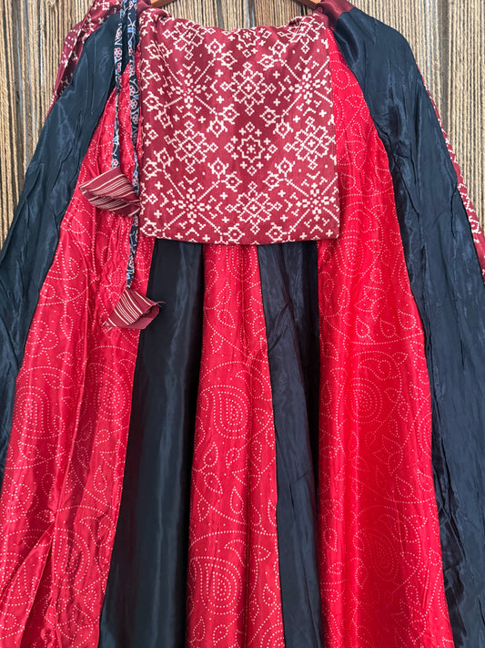 Maroon mashru silk blouse-with Multicolour patchwork  handcrafted mashru silk Skirt